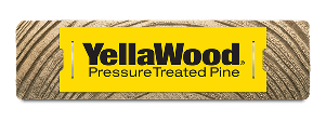 YellaWood tag stapled to edge of Pressure Treated Pine